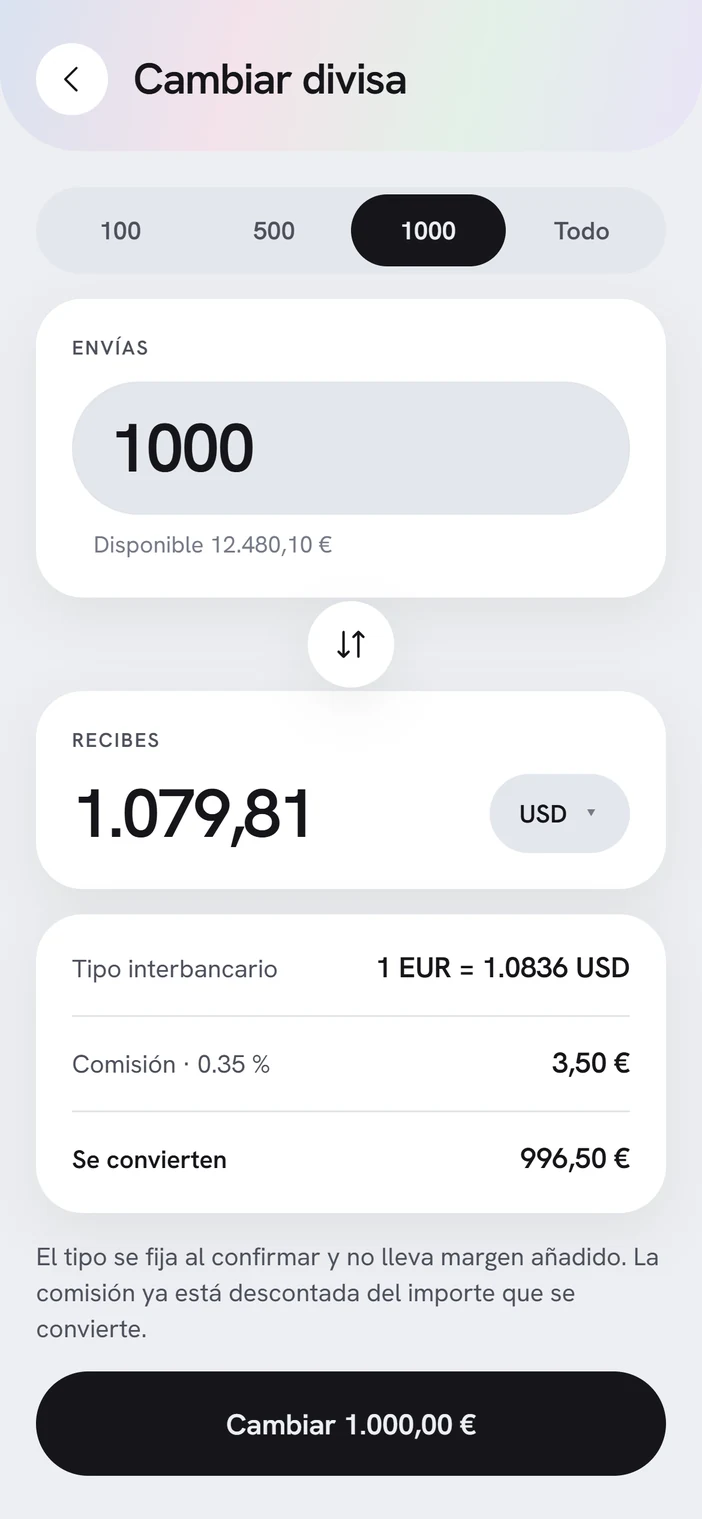 Argent — pantalla de cambio de divisa