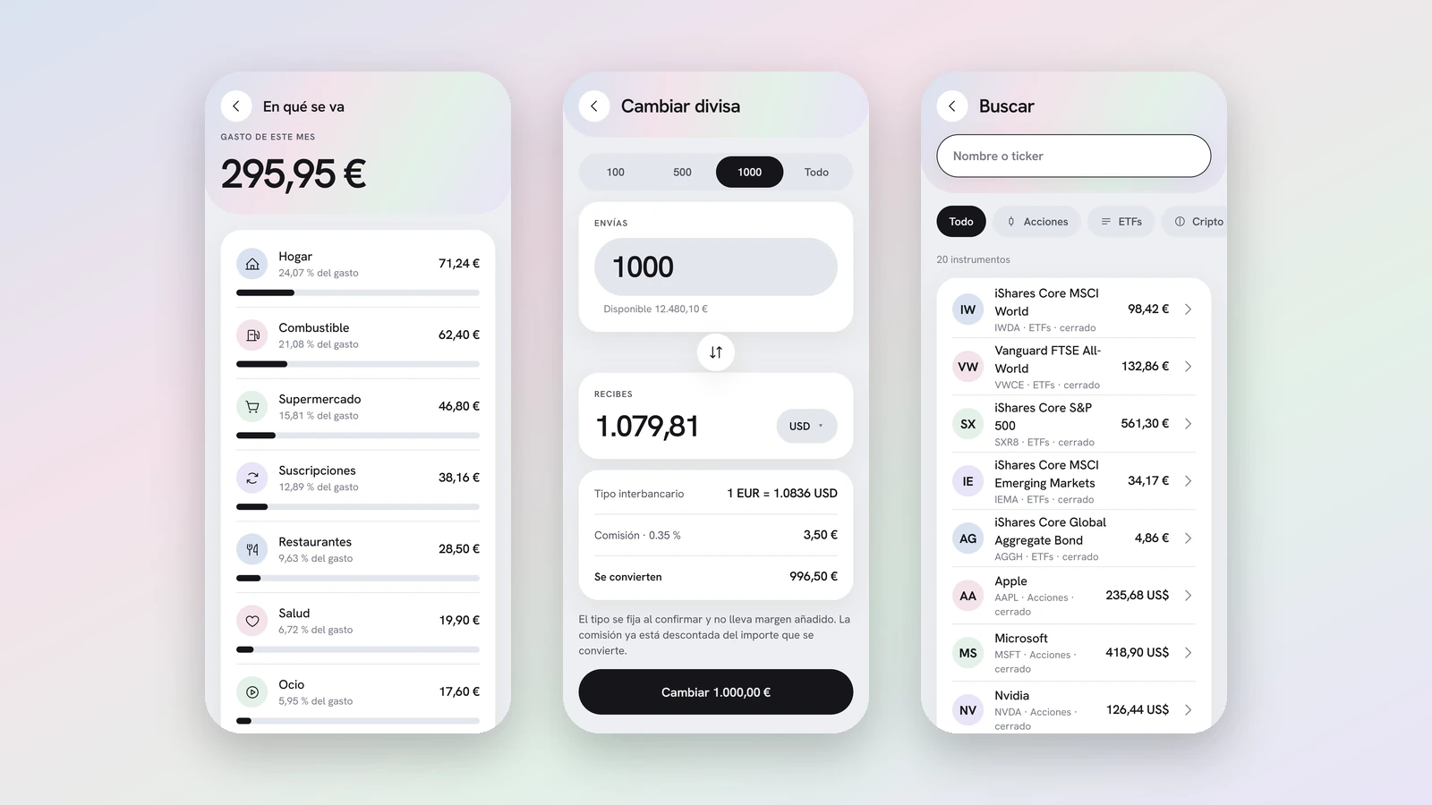 Argent — tres pantallas de la app