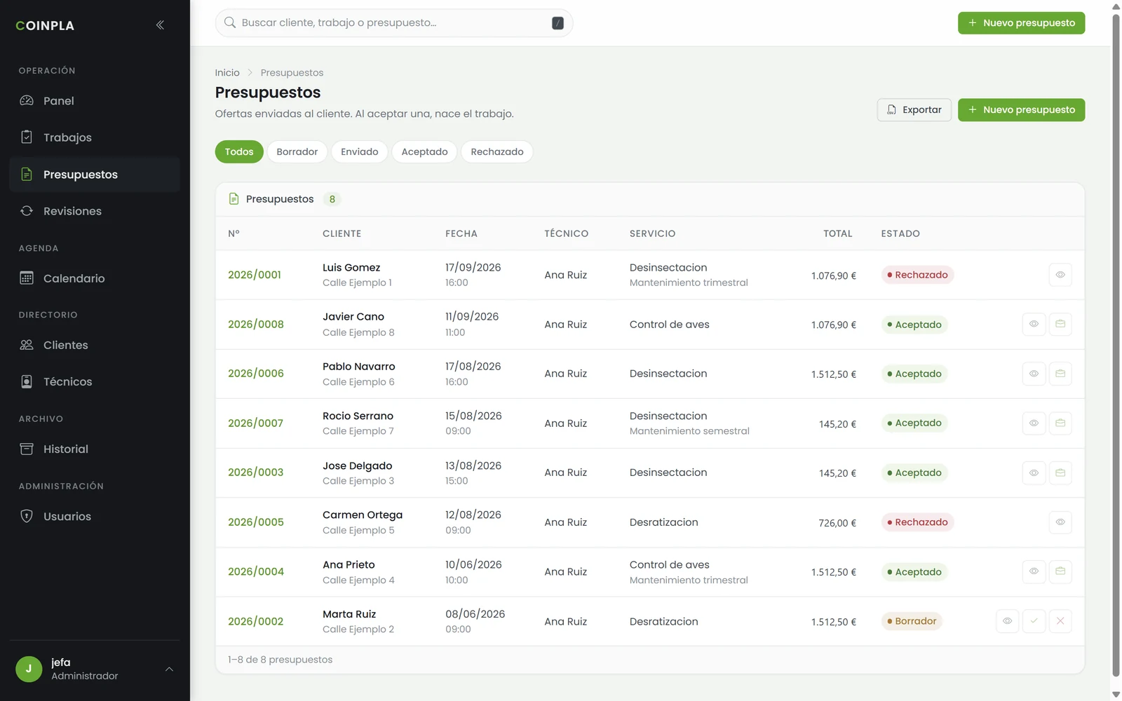 Coinpla — lista de presupuestos con sus estados
